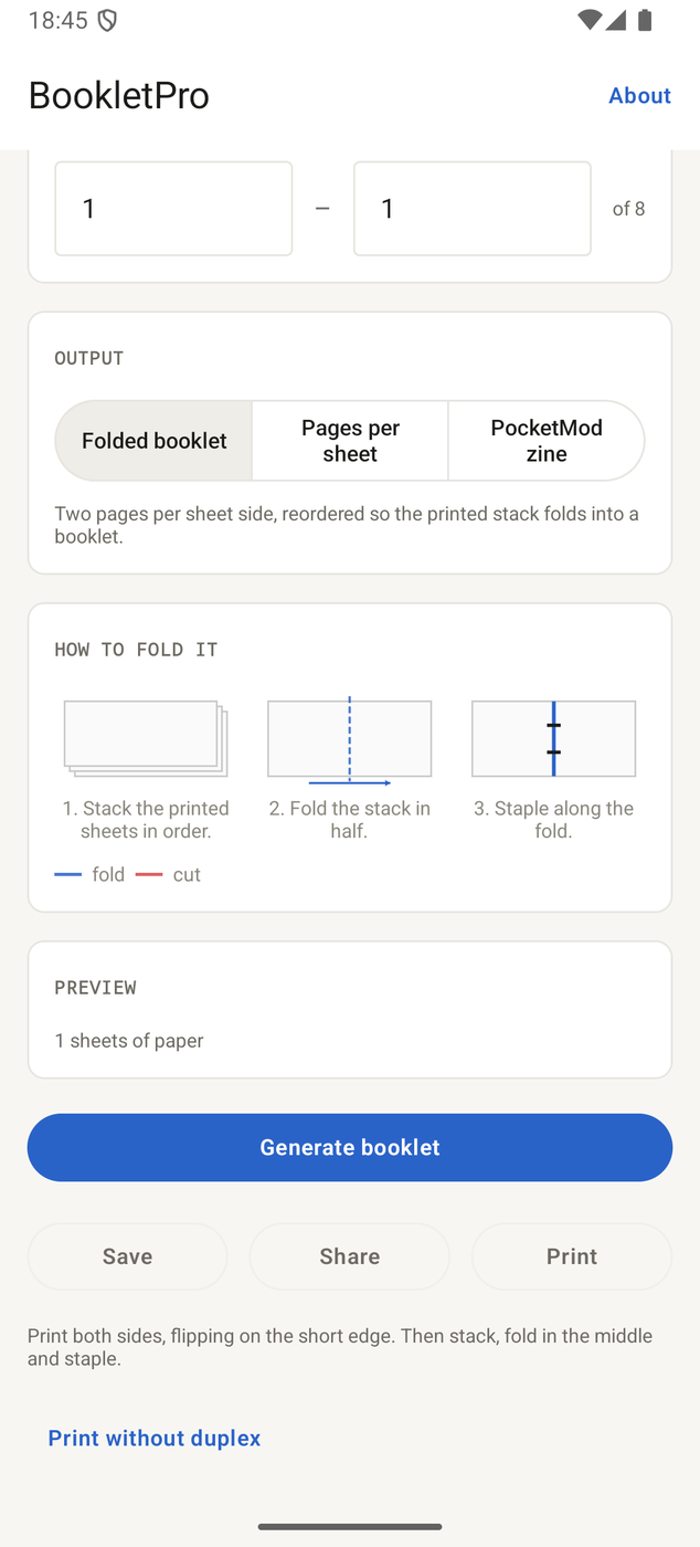 BookletPro on Android: folded booklet chosen as the output mode, with the three folding steps and the sheet count below it